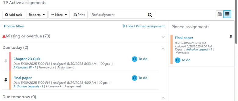 Pinned assignments